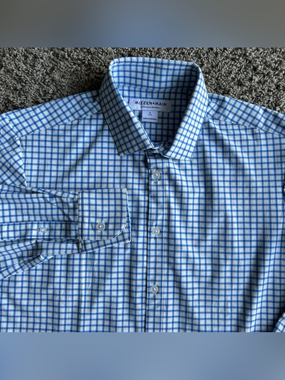 Mizzen Main Performance Shirt Mens Small Trim Fit White/Blue Check 4 Way Plaid